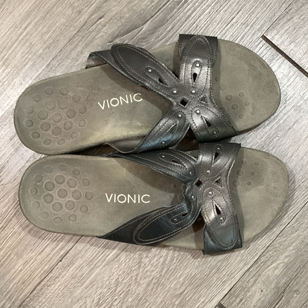 Vionic Sonja Pewter Leather Adjustable Strap Slip… - image 3